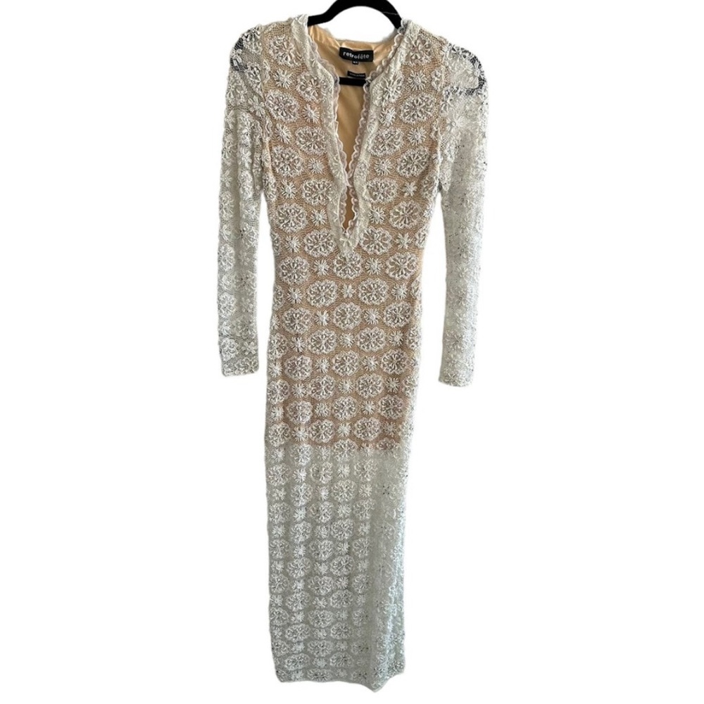 Retrofete Indigo Beaded Floral Maxi Dress Ivory White